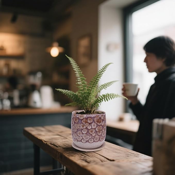6 in Ceramic Plant Pot with Saucer，Indoor Plant Pot for Plants, Flower Pot with Drainage，Reactive Glaze Red