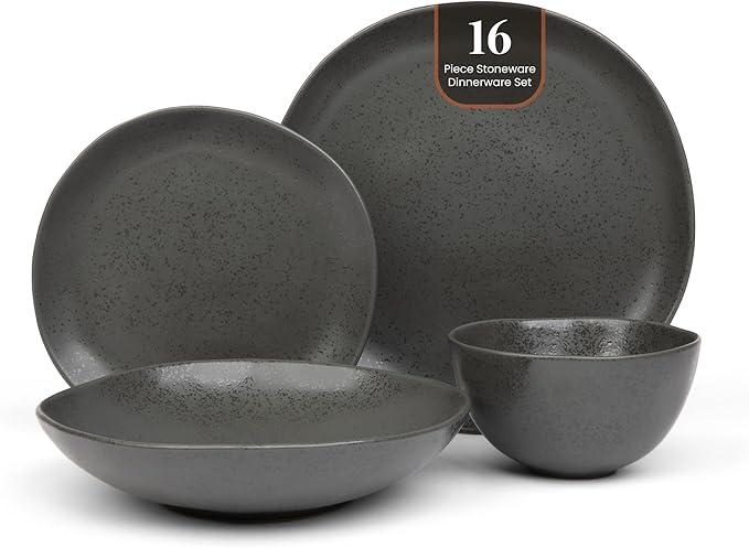 Trasa Home by Larder & Vine, Eco-Friendly High Fired Artisan Stoneware, Organic & Modern Dinnerware, 16 piece set, 4 place settings (Charcoal)