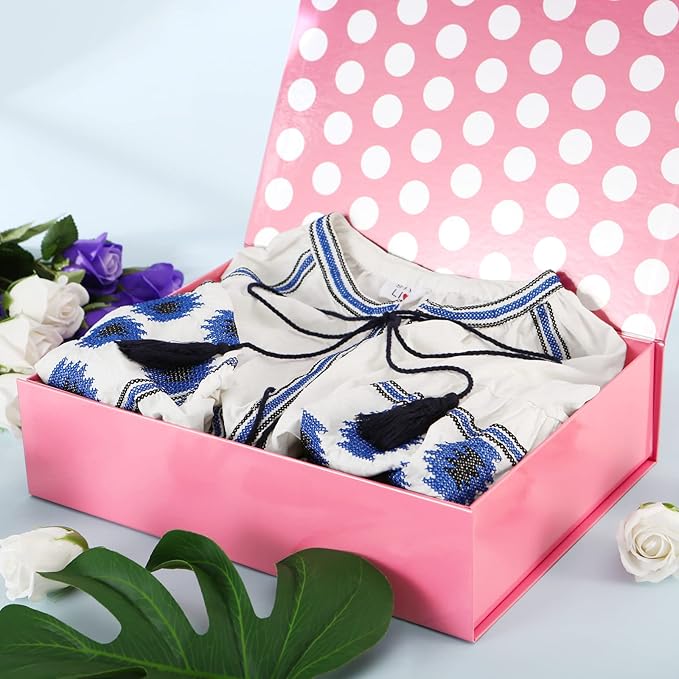 GREEN BEAN 6 Gift Boxes - Large Pink Gift Boxes with Lids, Magnetic, 13x9.7x3.4 Inches, Dot Design Inside