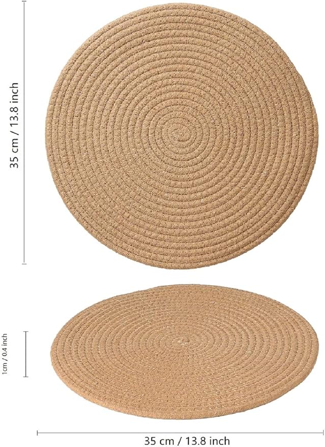 4 Pack Jute Woven Placemats, 13.8 inches Round Braided Brown Tablemats Handmade Weave Placemats Heat Resistant Non-Slip Fabric Rustic Large Plate Chargers for Dining Table