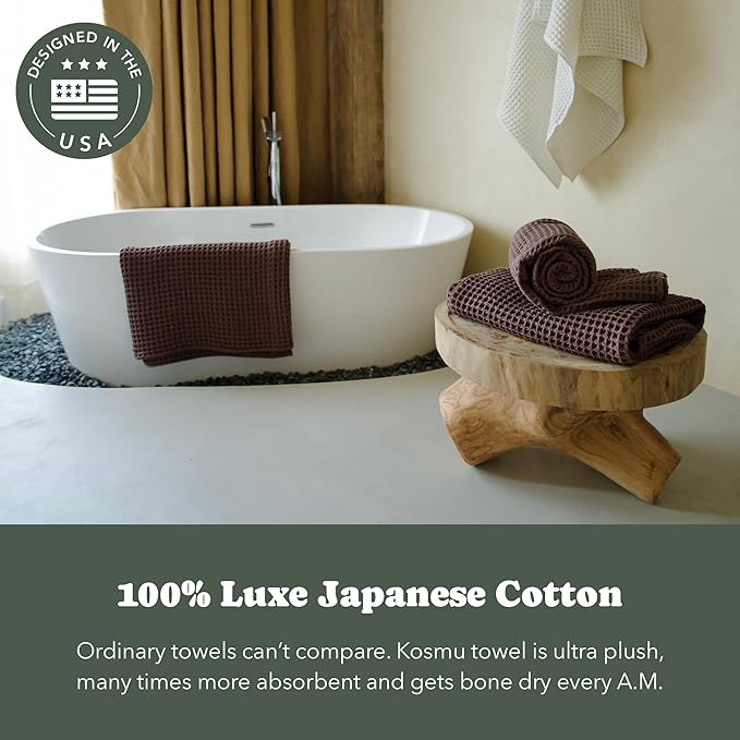 Luxury Japanese Cotton Waffle Bath Towel | Plush, Absorbent, and Quick Dry | Free Storage Bag Included (Dark Cocoa, Bath Towel Set (3-Piece))