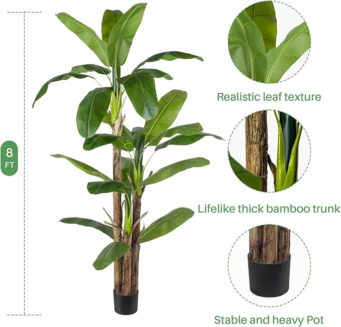 Artificial Banana Tree Faux Tall Plant Fake Banana Leaf Plant Faux Banana Silk Tree Faux Banana Leaves for Home Swimming Pool Indoor Outdoor Patio Tropical Decor
