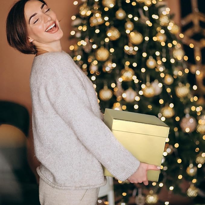 UNIQOOO 5PCS Metallic Gold Nesting Gift Boxes Set, Square Cardboard Storage Organizer Keepsake Box with Lid Durable Reusable, for Gift Wrapping Holiday Presents Christmas Birthday, Assorted Size