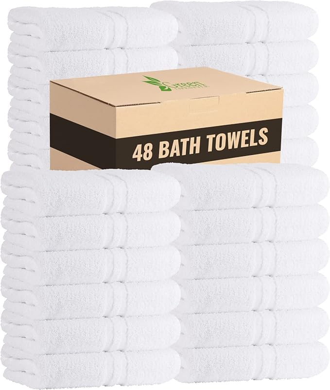 GREEN LIFESTYLE Luxury Bath Towel - White Large Bath Towels Pack for Spa, Gym, Bathroom, Hotel - 86% Cotton 14% Polyester -Super Soft, Thick and Absorbent 24 x 50 Bulk Bath Towel - (48-Pack)