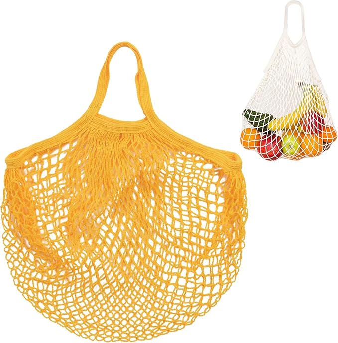 1-Pack Cotton Mesh Bag, Reusable Washable Mesh Net String Grocery Bags, Reusable Produce Bags with Handle, Net Tote Bag for Fruits/Vegetables Shopping [Yellow, Short Handle]