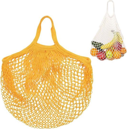 1-Pack Cotton Mesh Bag, Reusable Washable Mesh Net String Grocery Bags, Reusable Produce Bags with Handle, Net Tote Bag for Fruits/Vegetables Shopping [Yellow, Short Handle]