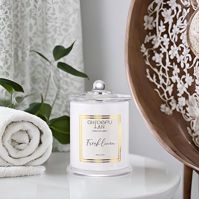 Chloefu LAN White Linen Candles, Luxury Scented Soy Jar Bathroom Candle, Highly Fragranced, Odor Eliminating Candles for Home, Air Freshing Soy Candle, White Glass Jar, Essential Oils, 75 Hours 10 oz