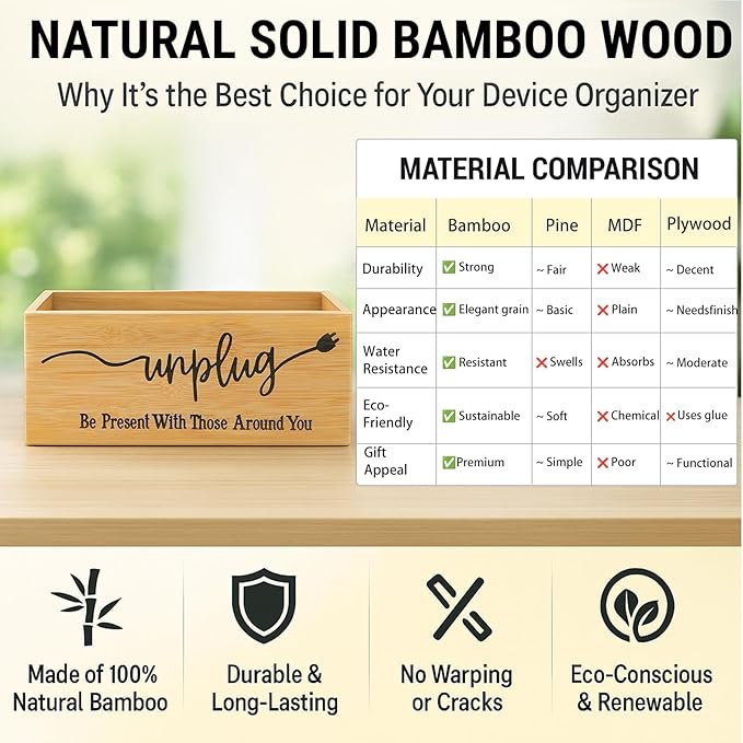 Bamboo Wood Phone Box – Unplug from Phones, Tablets, and Electronics for Study, Meetings, and Family Time, Phone Holder Organizer with Charging Holes, Farmhouse Style, Holds Up to 18 Phones-Wood