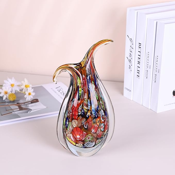 Hand Blown Glass Vase for Centerpiece, Murano Style Table Decoration, Red Blown Art Glass Ellipse Flower Vase, Single Stem Beautiful Decor for Home, Beachy Room Decor for Home Shelf