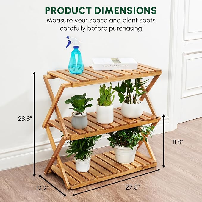 BEEFURNI Acacia Plant Stand Indoor, Wooden Outdoor Planter Stand, 3 Tier Succulent Shelf, Easy Assembly, Patio Balcony Sunroom Decor, Flower Garden Shelf, 1-year Manufacturer Warranty (Natural Wood)