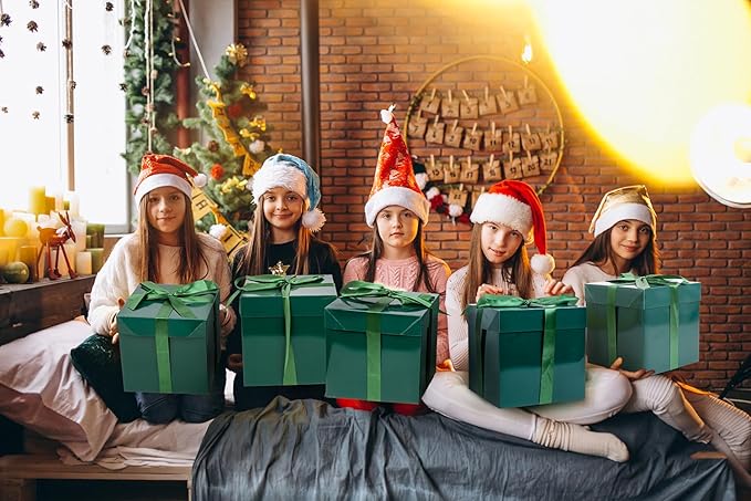 Jaywayang 5 Pack Green Gift Boxes with Lids, Ribbons and Tissue Papers Square Gift Boxes - 7.1 Inch - Christmas Presents Wrapping St. Patrick's Day Decoration Party Favor Boxes.