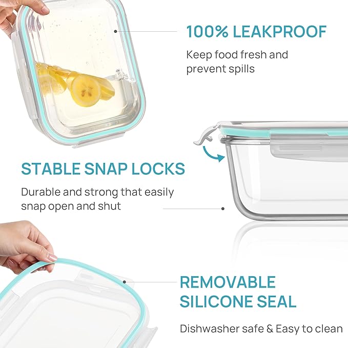 Vtopmart 2Pack 2260ml/ 76.4oz Large Glass Containers Food Storage with Lids, Meal Prep Food Container Set with Snap Airtight Lid for Baking, Microwave, Oven, Leak Proof, for Freezer, Dishwasher, Green