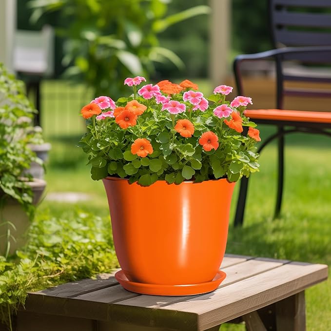 12 Inch Pots for Plants - Ceramic Planters Indoor with Drainage Hole and Saucer, Large Round Planter for Outdoor Plants, Decorative Flower Pot, Garden Decor, Plant Lover Gifts, Orange
