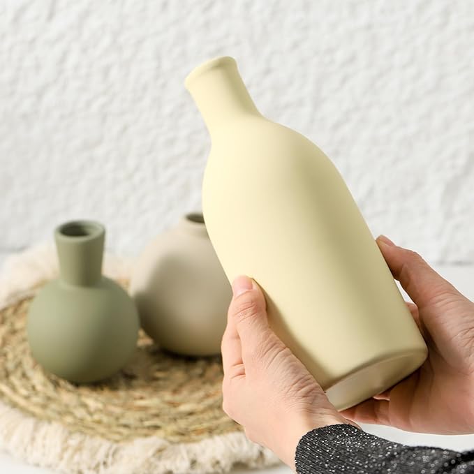 Vases Set of 3, Ceramic Vases Home Decor Rustic Vase Set Table Decor Vase Pottery Vases for Bouquet Pampas Grass Dried Fresh Flowers, Living Room Kitchen Bedroom Bathroom Entryway -Light Color
