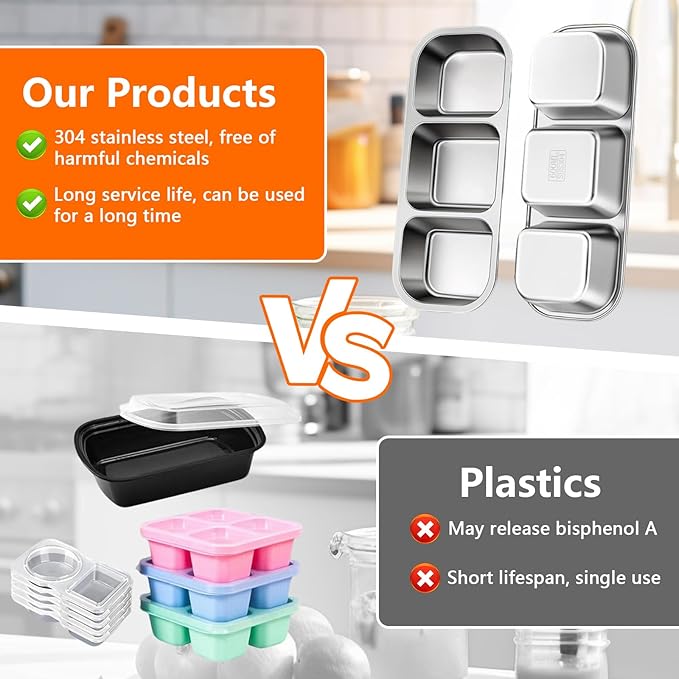 3 Pack Stainless Steel Snack Containers,3 Compartment Reusable stainless steel bento box, Leak Proof Metal Food Storage Containers,Stackable Bento Snack Box for School,Daycare,Work and Travel