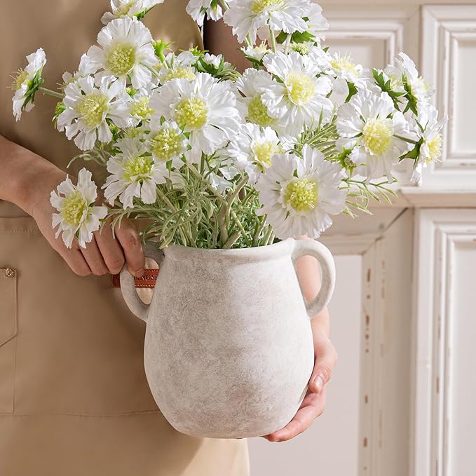 Ceramic Flower Vase Home Decor - 7.1 Inch White Rustic Table Flowers Vases Living Room Bedroom Plant Decoration Modern Farmhouse Vintage for Kitchen Shelf Office Coffee Dining Desk House Women