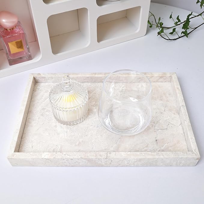Yew & Tulip Natural Marble Vanity Tray, Luxury Stone with Beige Textures Serving Tray for Bathroom, Kitchen, Vanity, Home Decor, Wedding etc. (12" x 8" x 1.2")