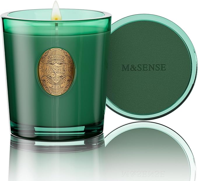 M&SENSE Natural Soy Candle | Evergreen Pine & Emerald Green | 9.2 oz, 50H Burn Time | Luxury Scented Candle for Relaxation, Gifting, Home Décor | Ideal for Bedroom, Office, Party Ambiance