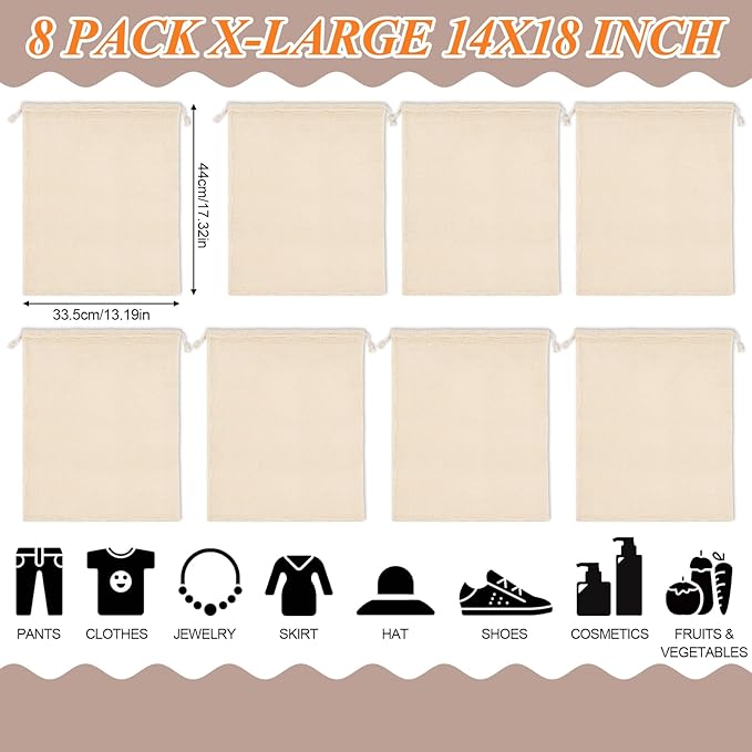 8 Pack 2XL Reusable Produce Bags, Mesh Produce Bags, Reusable Vegetable Produce Bags Cotton Washable for Grocery Fruits and Vegetable Shopping, Transporting Storing