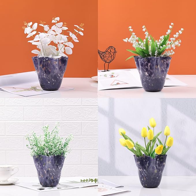 Hand Blown Glass vase Decorative, Purple Wide Mouth Petal vase, Modern Art Design Decorative vase for Home Decor Living Room, Centerpiece, Table and Wedding.huaban (E-2)
