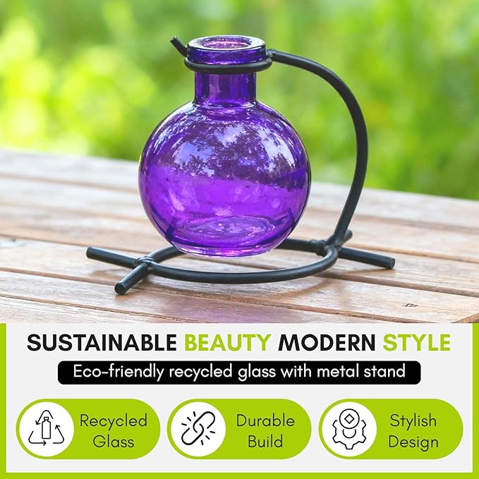 Couronne Company M501-200-21 Casablanca Recycled Glass Vase & Metal Stand, 4", Violet, 1 Piece