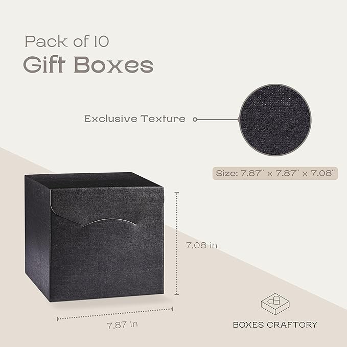 Pack of 10 Gift Boxes for Presents (7.87 x 7.87 x 7.08 inch) - Ideal for Christmas, Wedding and Graduation - Black Silk