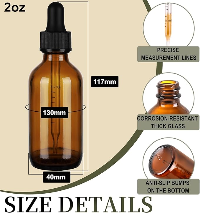 24 Pack, 2oz Glass Dropper Bottle, Preety Texture Tincture Bottles with Precise Scales Eye Droppe, for All Kinds Of Mixed Liquids,Leak-Proof Design for Easy Travel (Amber)