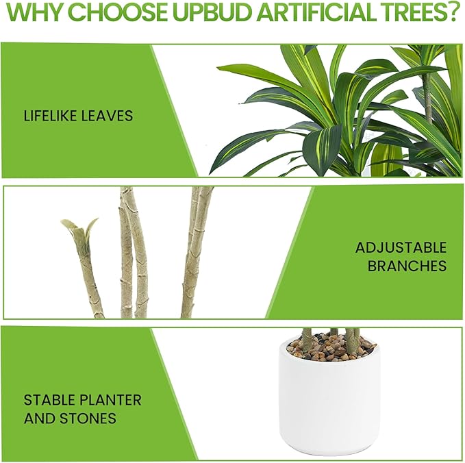 5FT Artificial Dracaena Tree, Faux Dracaena Plant with Stones in White Round Planter, Tall Fake Floor Plant for Indoor Home Office Living Room Decor