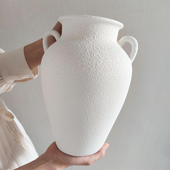 White Ceramic Pottery Barn Vase with Handles - 10" Large Decorative Terracotta Vase for Pampas Grass, Rustic Farmhouse Boho Vases for Home Decor, Living Room, Mantel, Table, Shelf