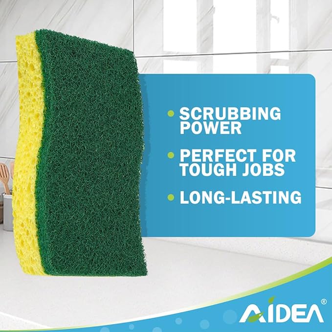 AIDEA Sponges Kitchen, 9Count, Dish Sponges, Heavy-Duty Sponge for Non-Coated Cookware, Scrubbing Power for Tough Messes, Cleaning Sponge for Kitchen, Bathroom, Household