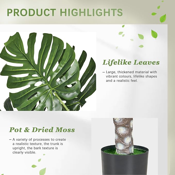 VECELO 2 Pack Fake Plants, Artificial Greenery Ficus Tree 5FT and Monstera Tree 4FT, Large Floor Plants for Home Decor, Indoor, Office, Living Room