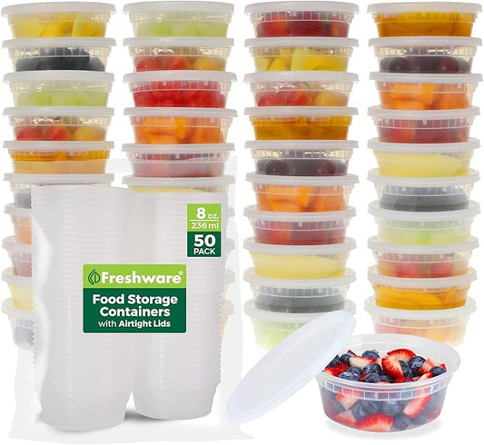 Freshware Food Storage Containers [50 Set] 8 oz Plastic Deli Containers with Lids, Slime, Soup, Meal Prep Containers, BPA Free, Stackable, Leakproof, Microwave, Dishwasher and Freezer Safe