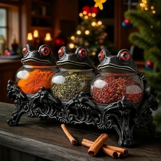 Witchy Frog Apothecary Spice Jars, Handcrafted Vintage Class Apothecary Jars with Frog Lids, Gothic Food Storage Containers, Frogs Spice Jar Fun Salt and Pepper Shakers Seasoning Container