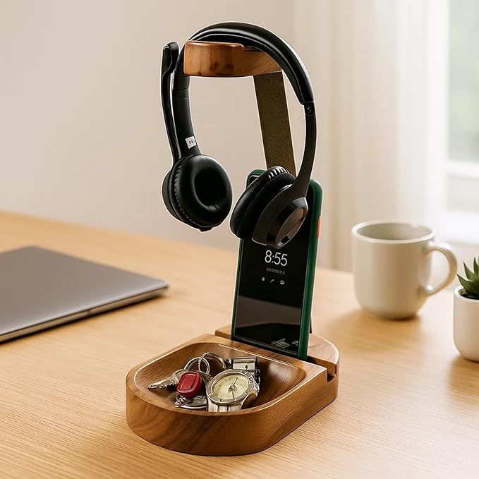 Acacia Wood Headphone & Phone Stand with Tray – Dual Device Holder Desk Organizer for Over-Ear Headphones & Mobile Phone, Gaming Setup, Workstation, Stylish Wooden Catchall