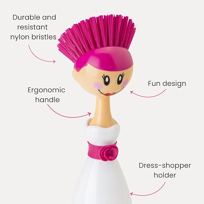 Vigar Dolls April Dish Brush with Ergonomic Handle and Dres-shaped Storage Holder - Scrub Brush for Pans, Pots, Kitchen Sink Cleaning, White, Pink