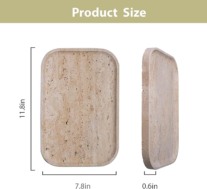 ‌VEROBELL Travertine Bathroom Vanity Tray | Natural Stone Storage Organizer | Luxury Home Decor for Countertop, Dresser, Spa | Non-Resin & Durable Design,11.8"x7.8"x0.6"