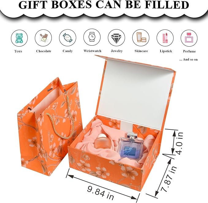 Luxury Gift Box with Magnetic Lid, Finished Size 9.8×7.9×4 In,Collapsible Rectangle Storage Box with Gift Bag for Wedding,Birthday, Party,Christmas,Valentine's Day‘s Gift