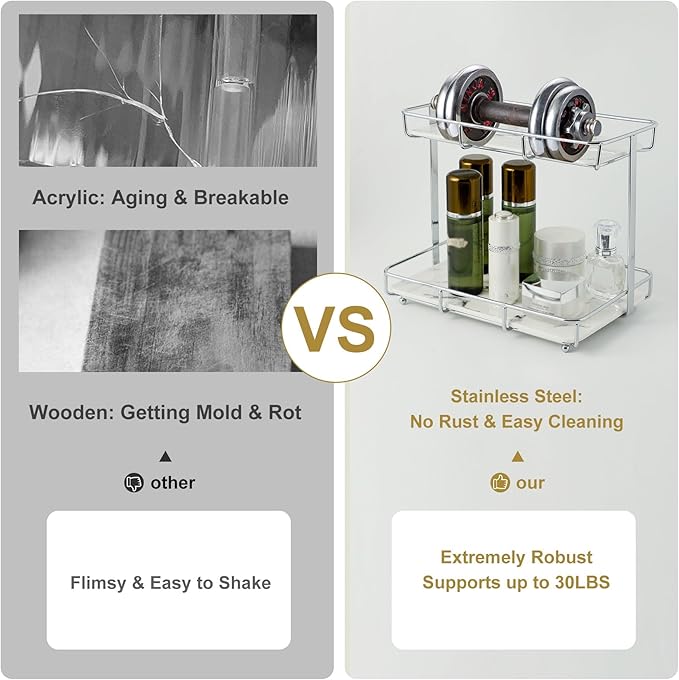 Bathroom Organizer Countertop Perfume Organizer Makeup Organizer Cosmetics Storage Display Rack Vanity Tray Dresser Stainless Steel Gold Shelf White Marble Ceramic Tray (2 Tier L-Sliver)