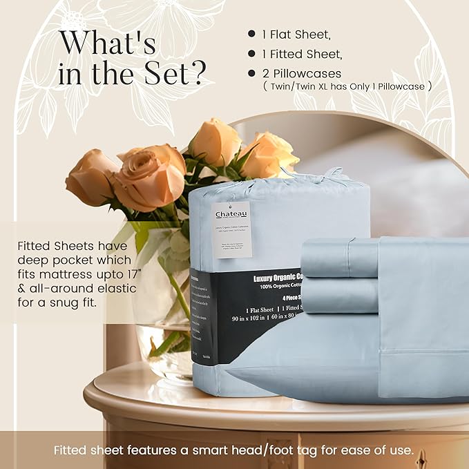 CHATEAU HOME COLLECTION Organic Cotton Sheets Queen Size Bed Set Deep Pockets, 300 TC Cotton Queen Sheet Set, Soft Breathable Elasticated Sheet & Pillowcase Sets, Machine Washable- Light Blue