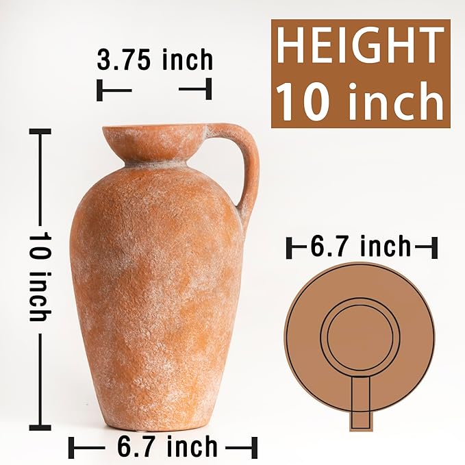 Terracotta vase with Handle, 10inch Boho Unique Textured Pottery, Rustic Farmhouse Decorative Ceramic vases for Flowers, Centerpieces, Living Room.