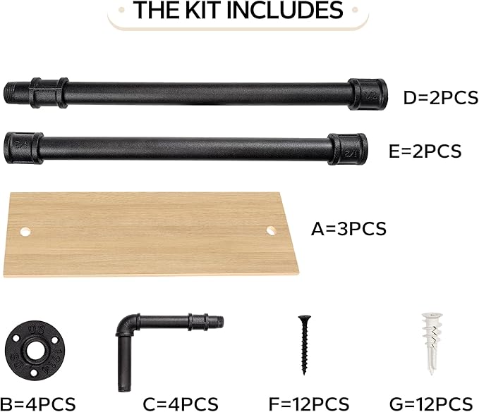 3-Tier Industrial Pipe Floating Shelf – Rustic 24 inch Wood Wall-Mounted Storage Shelf for Kitchen Office,Bathroom & Home Decor -White Oak