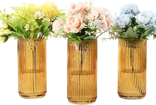 Amber Glass Vases, Flower Vases Set of 3, Ribbed Glass Vase for Tulips, Tall Cylinder Glass Vases for Living Room, Bedroom, Dining Table, Office, Wedding, Bookshelf Decoration, 8 Inches