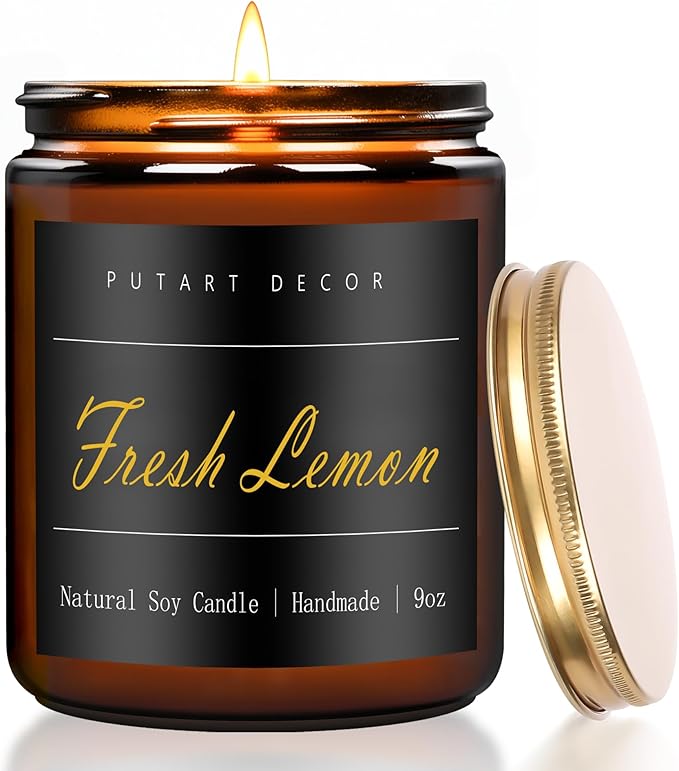 Fresh Lemon Candles for Home Scented, Natural Soy Aromatherapy Non Toxic Candles with Long Lasting Fragrance & Clean Burn, Luxury Jar Candle Gift for Women, Men, Home Decoration 9oz