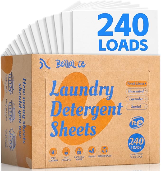 BellaLuce Laundry Detergent Sheets - Laundry Sheets, 240 Loads, Eco-Friendly, Plastic-Free, Fresh Linen Scent, Space Saving, Fast Dissolve & Hypoallergenic, Laundry Detergent for Home,Dorms,Essentials