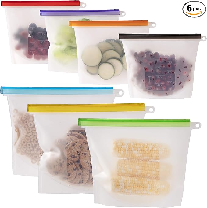 WeeSprout 100% Silicone Reusable Food Storage Bags | Set of 7 Leakproof & Airtight Pouches (Four 4 Cup Bags and Three 6 Cup) | Freezer & Microwave Safe | Dishwasher Safe | for Lunches and Snacks
