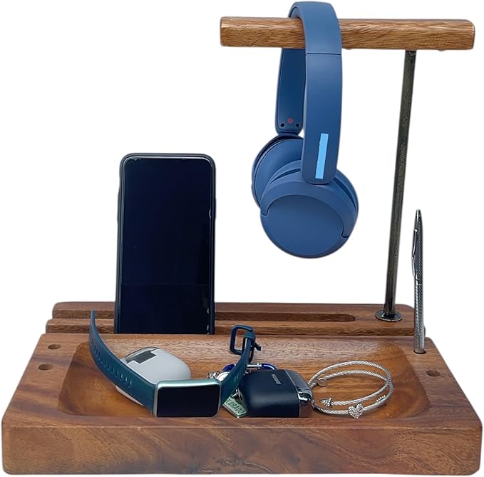 Solid Acacia Wood Multiple Headphone Stand – Multi-Device Holder for iPad, iPhone, Tablets & Phones, Desk Organizer with Tray, Pen & Pencil Holder, 1.5" Thick Base, Wooden Tech Dock