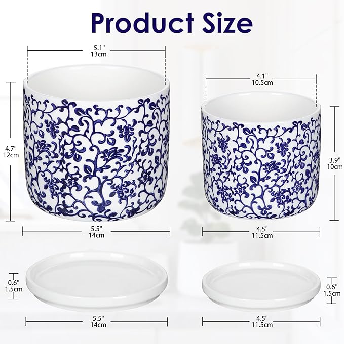 Set of 2 Blue and White Ceramic Plant Pots with Drainage Hole and Saucers, Retro Blue Porcelain Vase Round Planters for Succulent Cactus Indoor Outdoor Garden Home Desktop Decor, 4.5+5.5 Inch