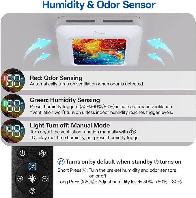 Bathroom Exhaust Fan with Light Humidity Sensor, Bathroom Fan with Humidity Sensor, 230 CFM 1.0 Sone Exhaust Fan, Venlitation Fan with 3CCT LED Light 7 LED Color, Remote Control Easy Install