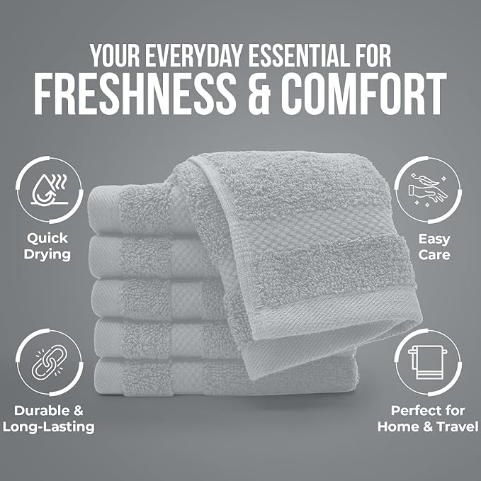 DAN RIVER 12-Pack Premium 100% Cotton Highrise Face Towels – Reusable Face Towel Set, Absorbent & Soft Wash Towels for Bathroom & Body – Hand and Face Towels, 550 GSM (12x12 in)