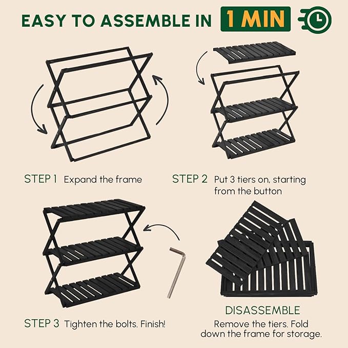 BEEFURNI Acacia Stand Indoor, Wooden Outdoor Plant Stand, Foldable Corner, 3 Tier Plant Stand, Easy Assembly, Plant Bench Patio Balcony Sunroom Decor, Christmas Gift, 1-year Warranty